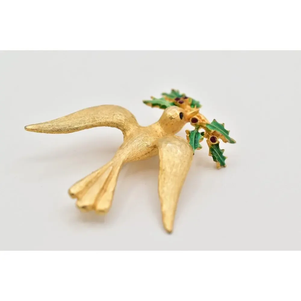 Mylu Vintage Christmas Bird Pin Brooch Brushed Gold Holiday Signed 1950s BinBK